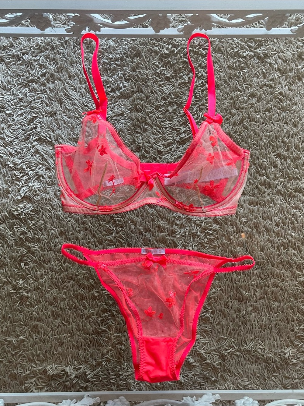 Savage Fenty Foiled Sprigs Neon Hot Pink Sheer Embroidered Set 32DD